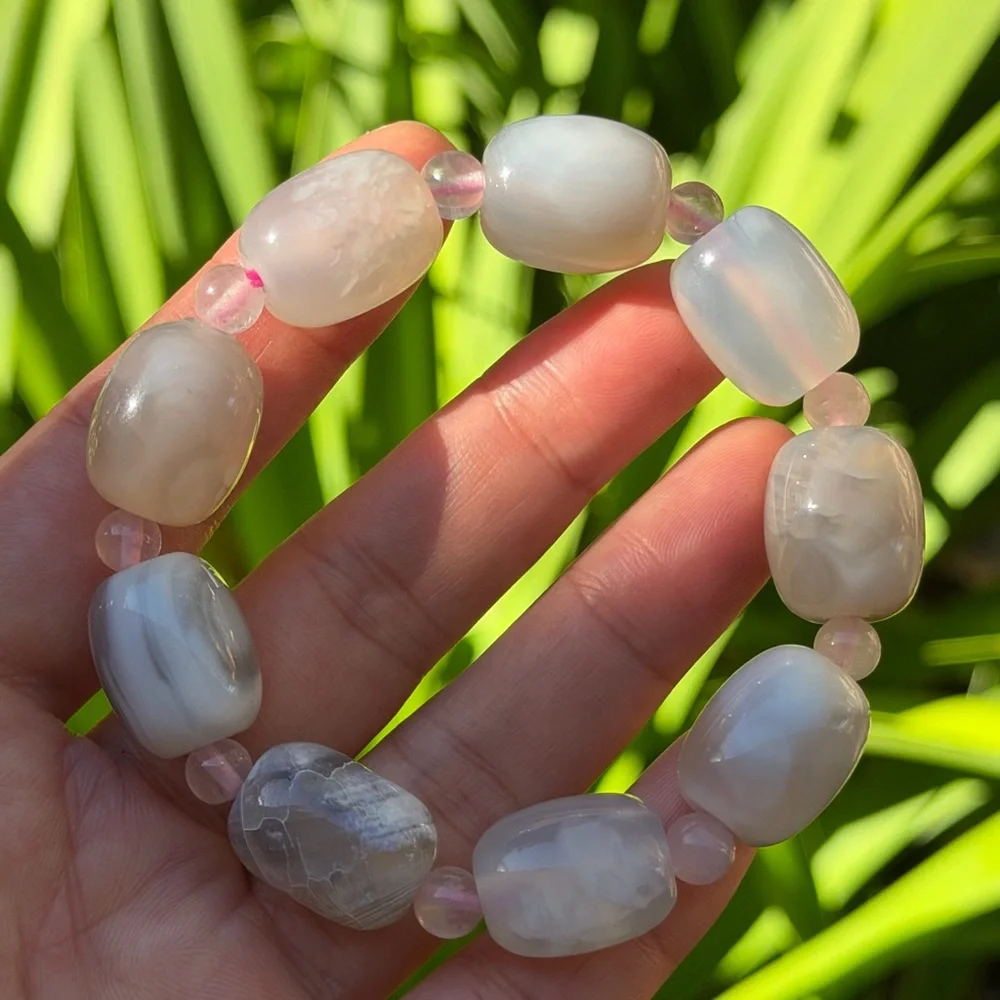 14mm stretchable barrel‎ shape milky agate rose quartz bracelet 0401